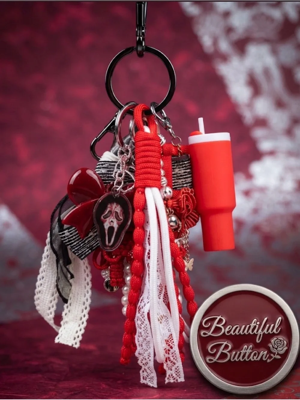 Custom made Red Dr Pepper junk ghost face Keychain Charm with Black Rose & Lace